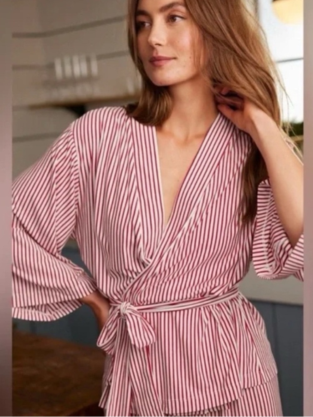 Lake Luxury Pajama Dream Model kimono wrap top only red/white stripe Size Medium